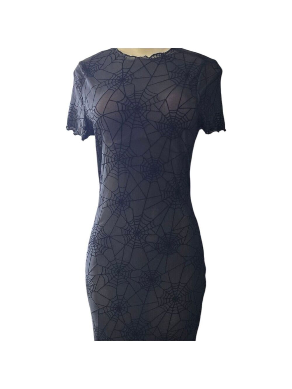 Black Spiderweb Mesh Maxi Dress Sheer Gothic Halloween Bodycon Short Sleeve L